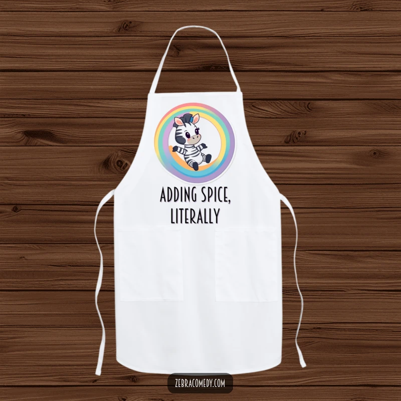 Funny Zebra Apron: A cartoon zebra sliding down a rainbow, adds color to cooking, perfect gift.