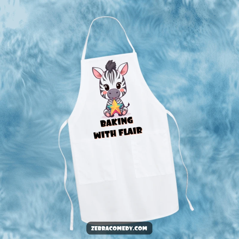 Funny apron with a happy zebra cub balancing a star on its nose, ideal for kitchen fun and adding a humorous touch to cooking.