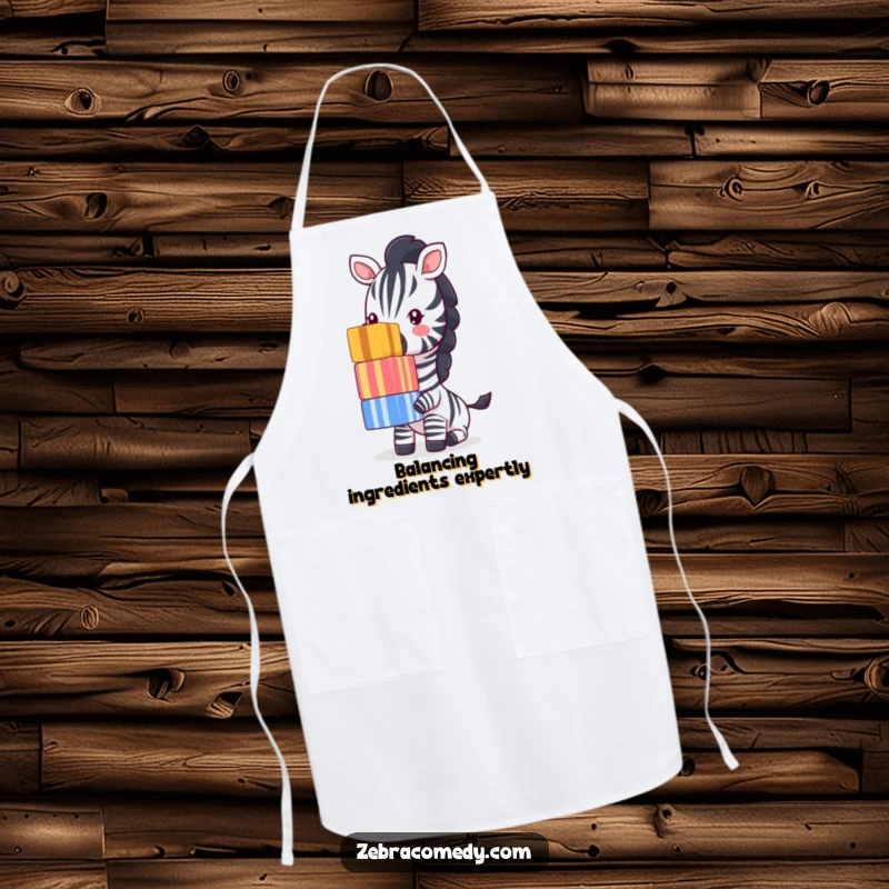 Funny Zebra Apron: A skilled zebra artistically balances a tall stack of colorful striped cubes on its nose, ready for kitchen adventures.