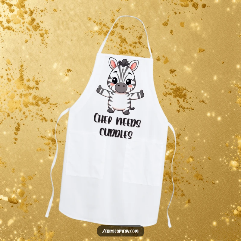 Funny hugging zebra apron showing a fuzzy zebra with arms outstretched, ready to share a warm, humorous hug while you cook.