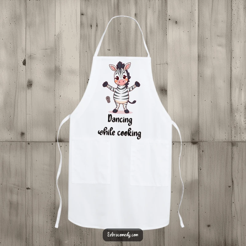 Funny Apron: A zebra character performs a silly dance with its legs crossed, adding a humorous and dynamic design to this kitchen essential.