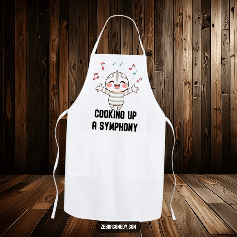 Funny apron depicting a striped character surrounded by musical notes, adding a humorous and rhythmic touch to cooking sessions.