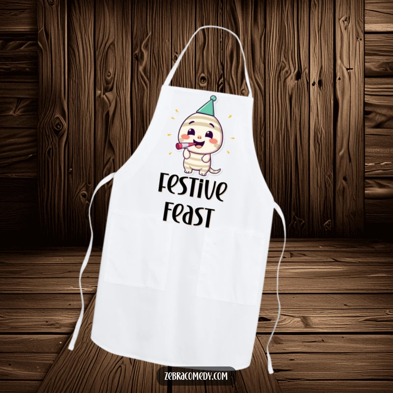 Funny Striped Party Apron: A happy striped character in a party hat blows a noisemaker, full of festive energy.
