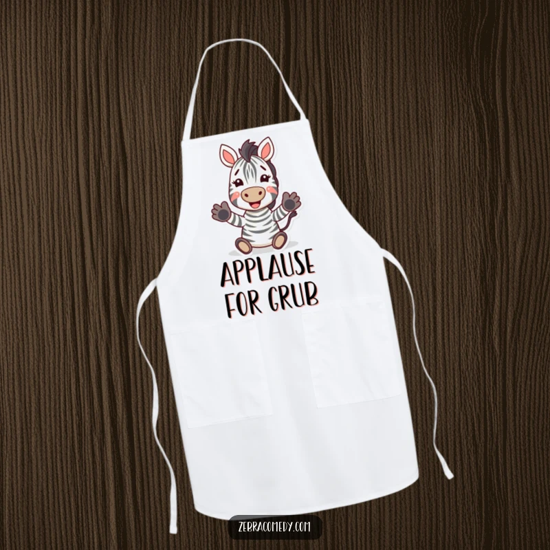 Funny Zebra Apron: A functional apron showcasing a zebra clapping its hooves with a joyful expression, perfect for culinary fun.