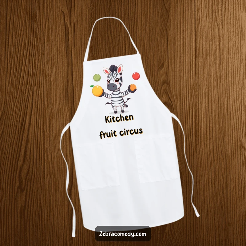 Funny zebra apron depicting a zebra playfully juggling three colorful fruits with excitement, bringing playful energy to culinary tasks.