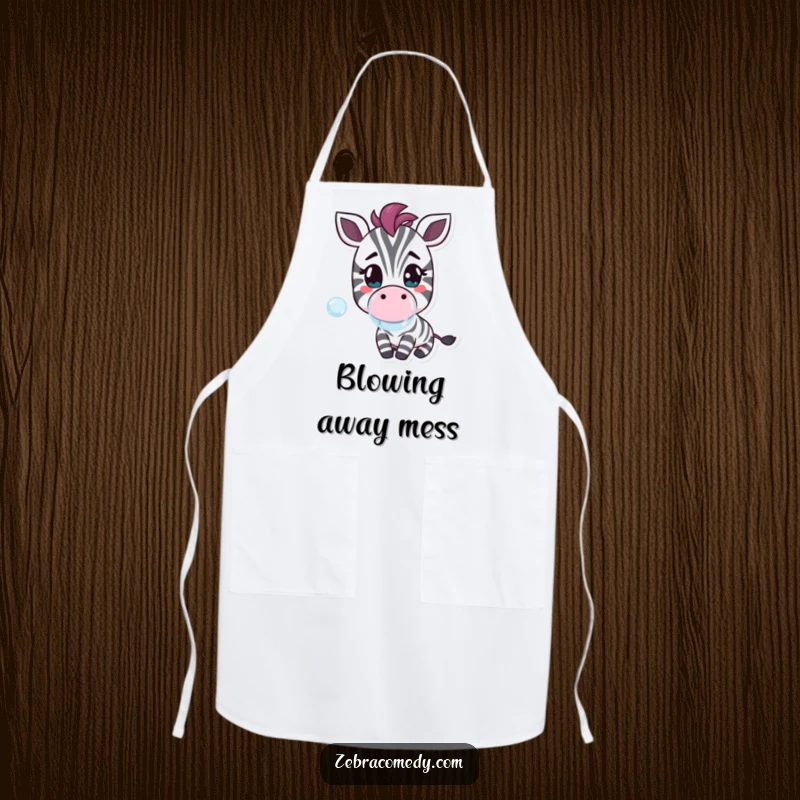 Funny apron featuring a cheerful zebra character blowing a bubble, adding a humorous and sweet touch to kitchen wear.