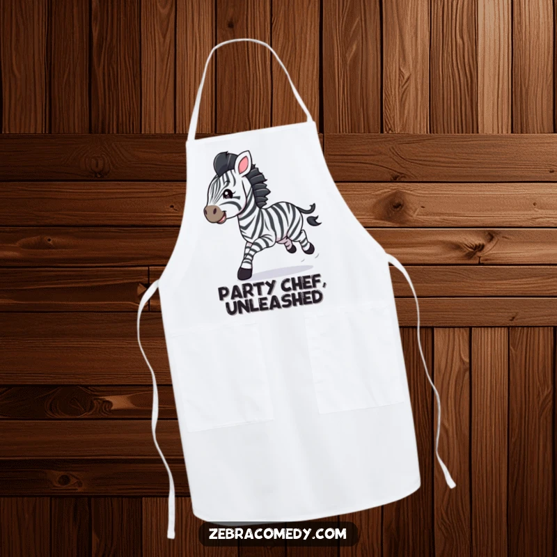 Funny zebra cub apron, galloping with streamers, perfect for the kitchen with a touch of festive humor.