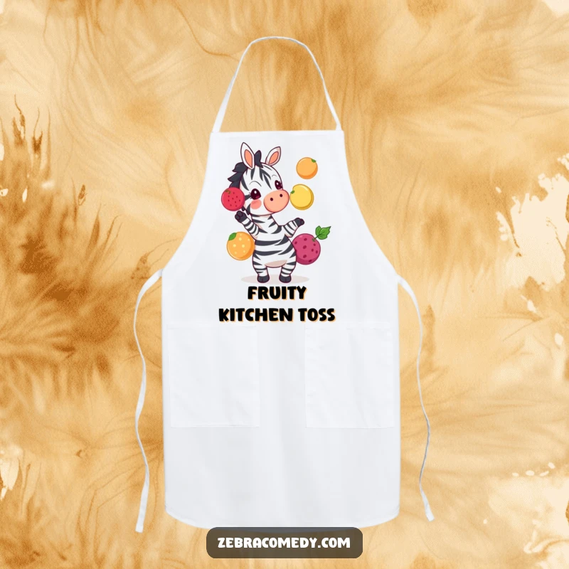 Funny zebra character juggling bright fruits, a practical and amusing apron for kitchen fun and protection.