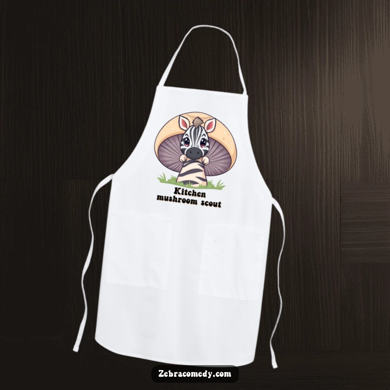Funny zebra character curiously peeking over a giant striped mushroom while cooking, a durable and amusing apron.
