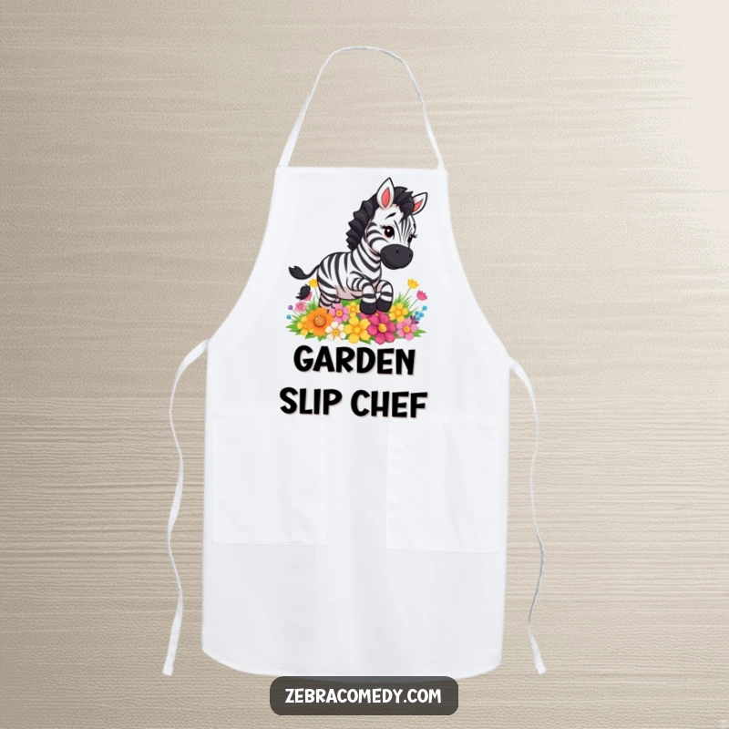 Funny zebra character comically slipping on colorful flowers while cooking, a durable and amusing apron.