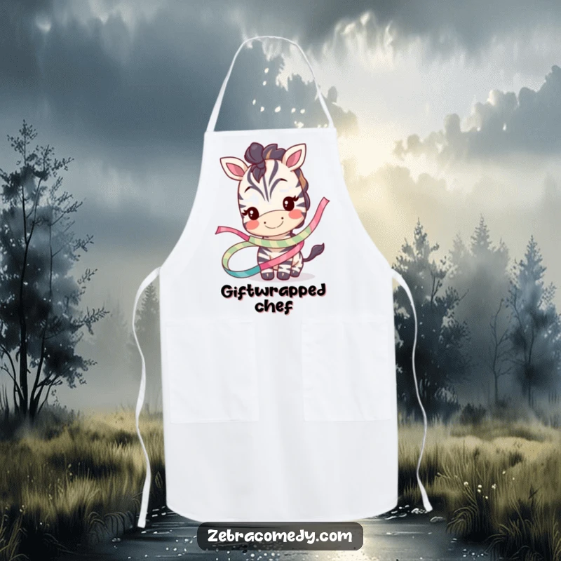 Funny apron with a smiling zebra character playfully tangled in a whimsical ribbon, ideal for adding humor to kitchen activities.