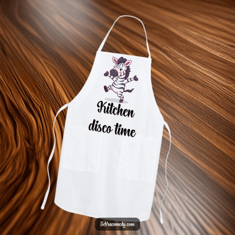 Funny zebra character in a wild dance pose, perfect for a humorous apron to wear while cooking or entertaining.