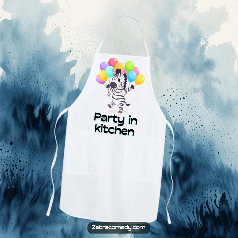 Funny Apron featuring a happy zebra character dancing with a bunch of colorful balloons, making kitchen tasks fun and festive.