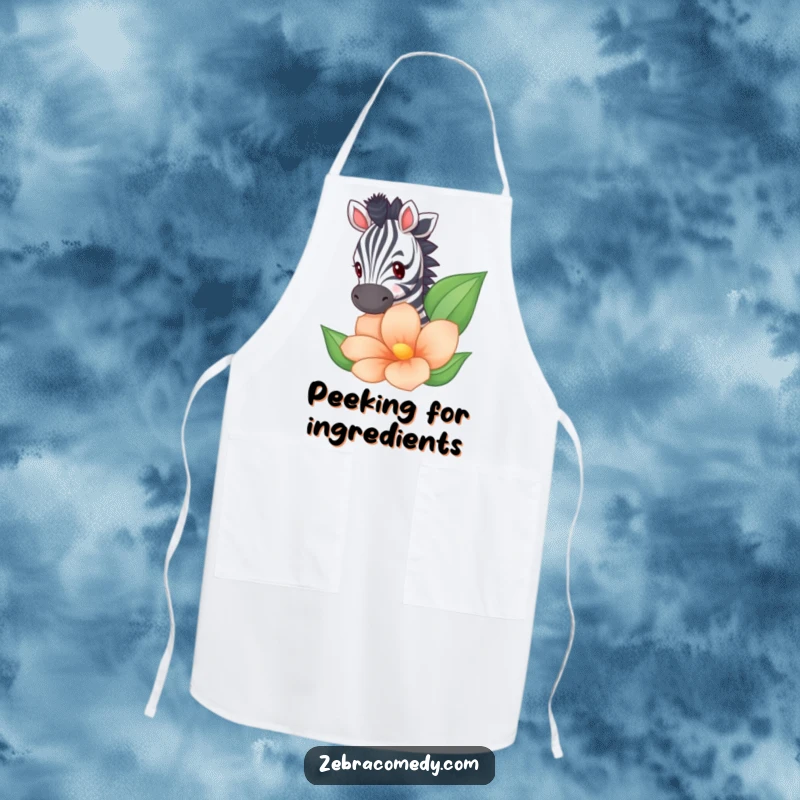 Funny zebra peeking from behind a large striped flower on a kitchen apron, adding a humorous touch.