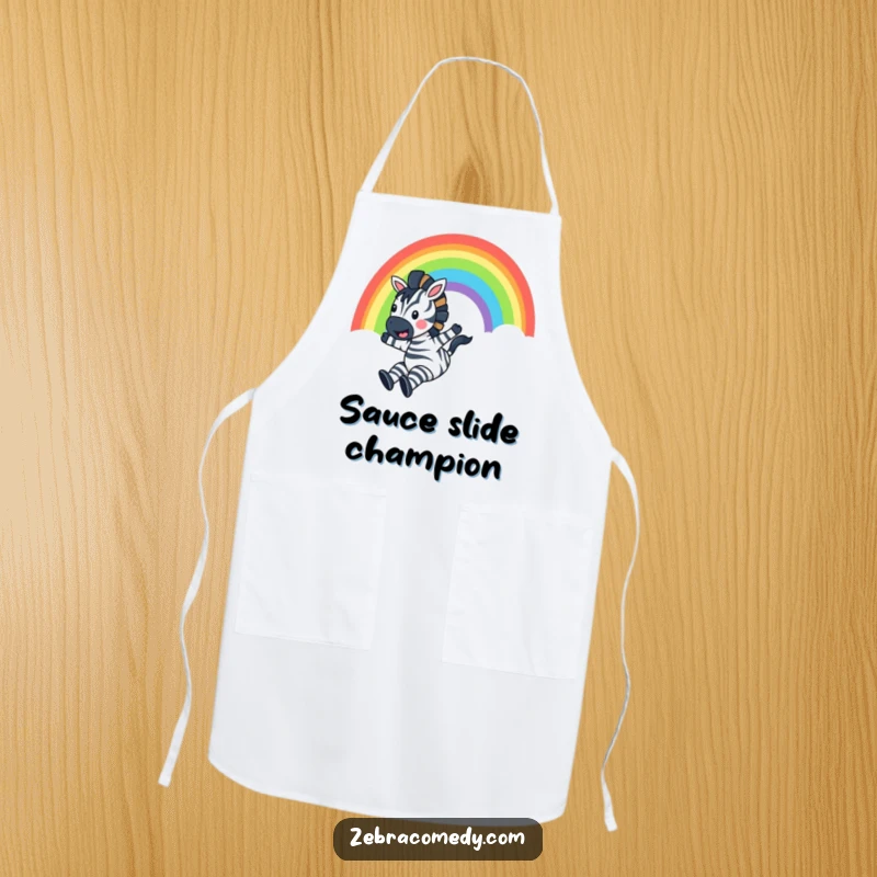 Funny Zebra Apron: A joyful zebra slides down a vibrant rainbow, shouting with glee, perfect for adding fun to any kitchen task.