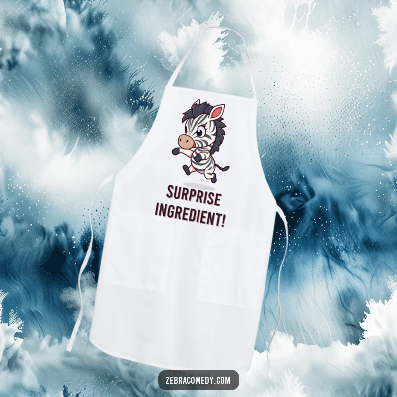 Funny Apron: A zebra character leaps backward with wide eyes in playful shock, adding a humorous and dynamic design to this kitchen essential.