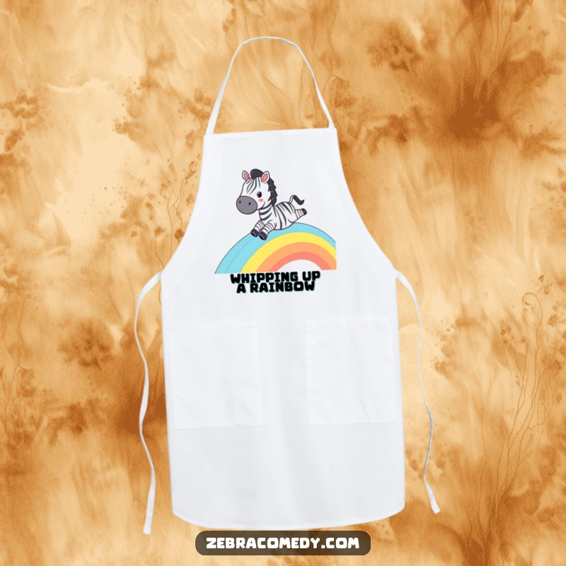 Funny Zebra Apron: A grinning zebra sliding down a rainbow, perfect for a humorous and joyful cooking experience.