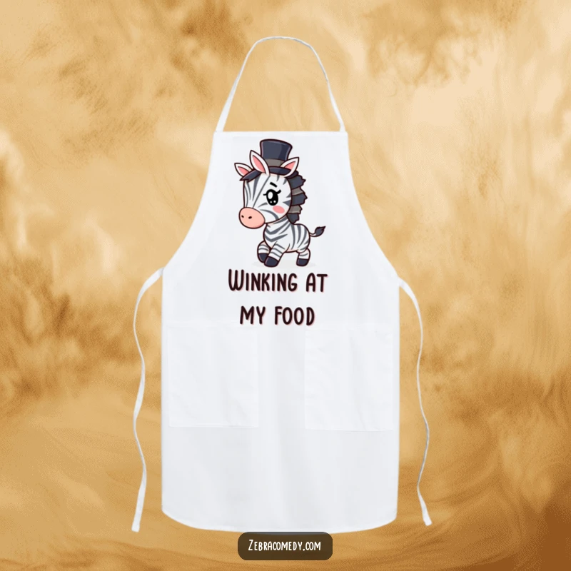 Funny Zebra Apron: A stylish apron featuring a zebra wearing a tiny top hat, tiptoeing with a mischievous wink, perfect for the kitchen.