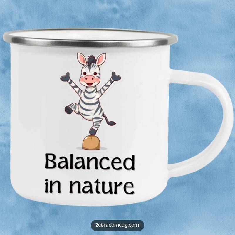 Funny Zebra Camping Mug: A sturdy mug featuring a zebra balancing on one hoove with arms wide in delight, for outdoor fun.