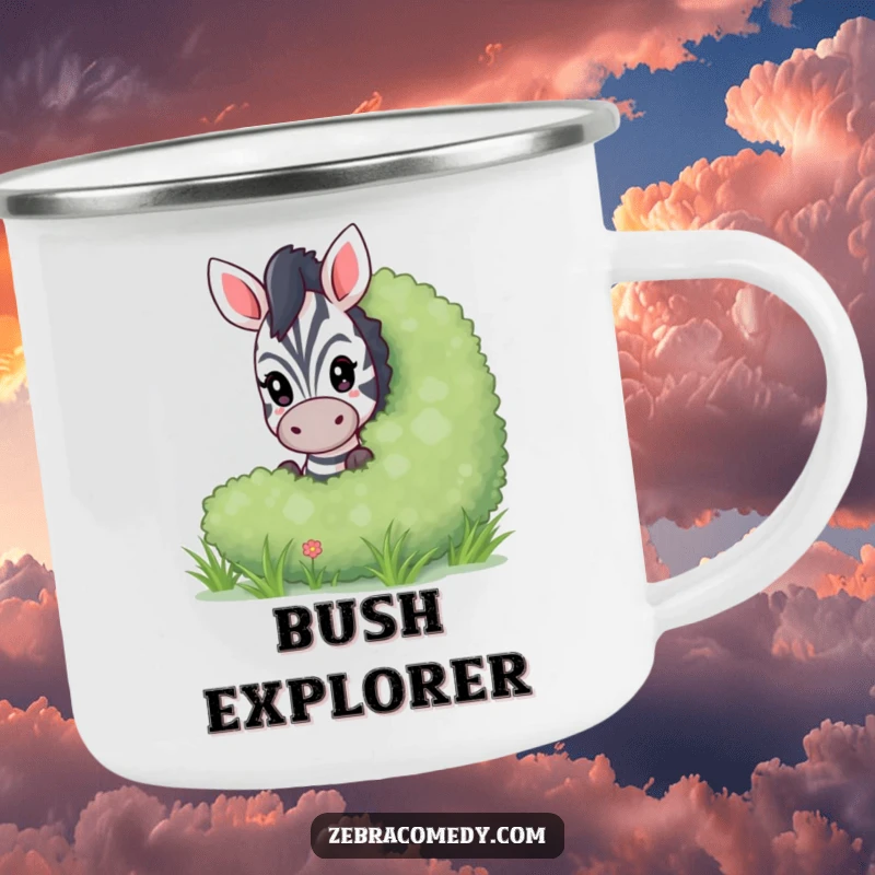 Funny peeking zebra enamel camping mug featuring a playful zebra peeking from behind a bush, perfect for campers who appreciate playful design.