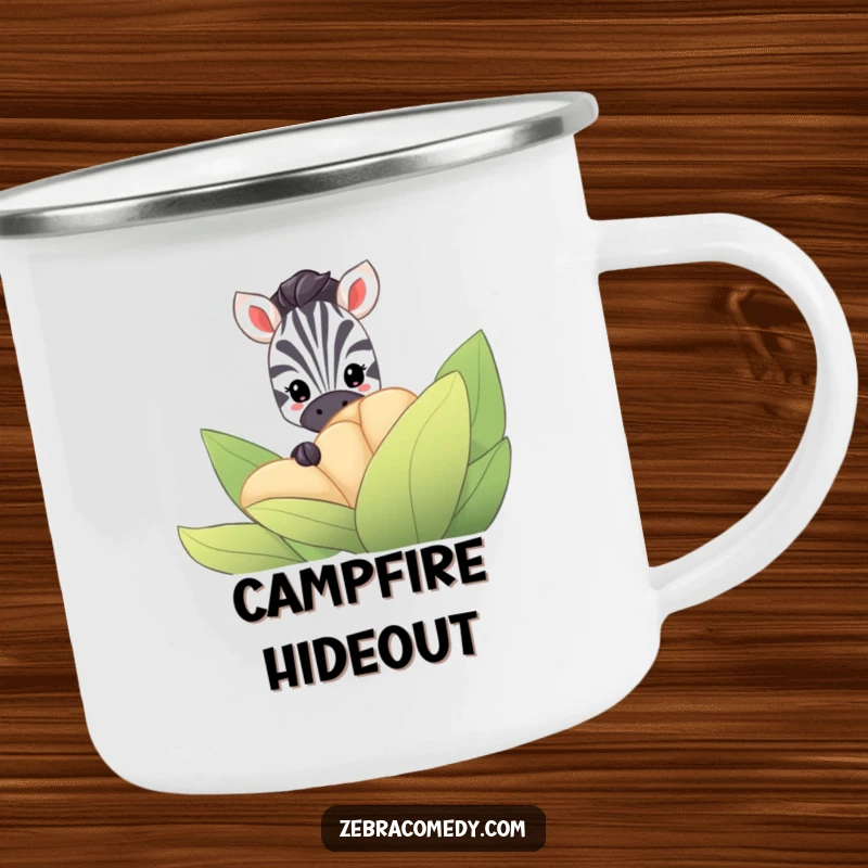 Funny Zebra Camping Mug: A shy zebra hides behind a large, striped flower, only its eyes showing, perfect for discreet enjoyment.