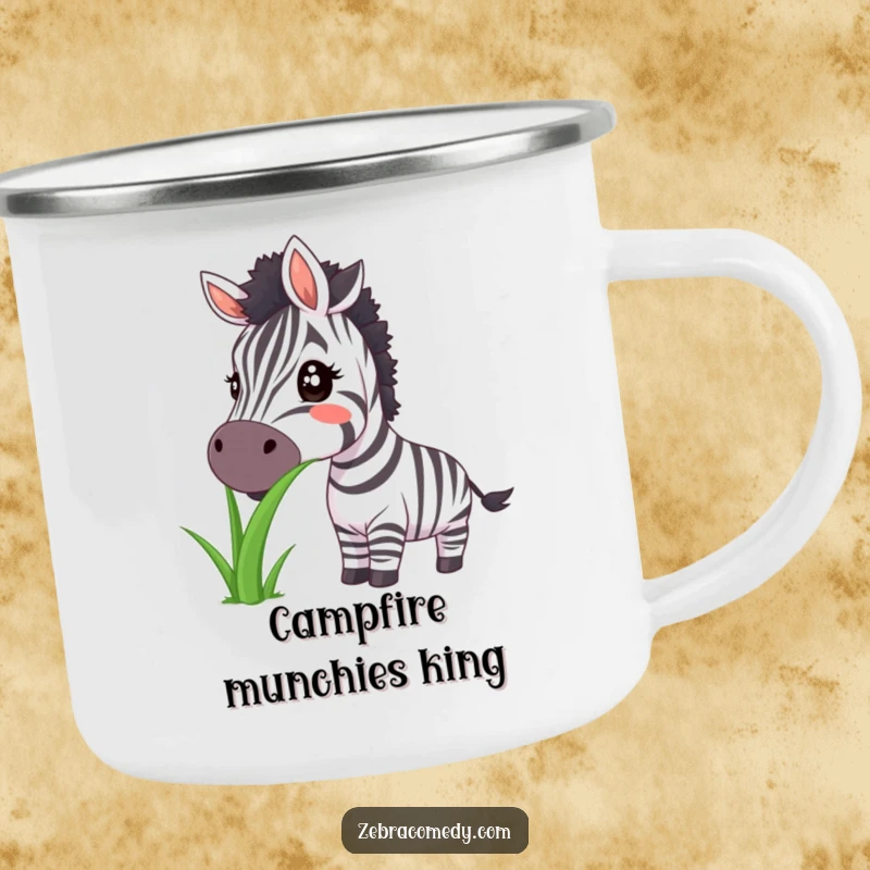 Funny zebra camping mug with a big smile and grass, ideal for spirited outdoor fun.