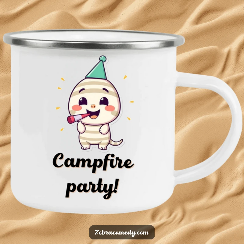 Funny Striped Party Camping Mug: A happy striped character in a party hat blows a noisemaker, full of festive energy outdoors.