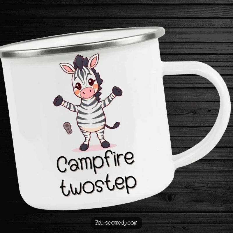 Funny Camping Mug: A zebra character performs a silly dance with its legs crossed, bringing humorous fun to your outdoor adventures.