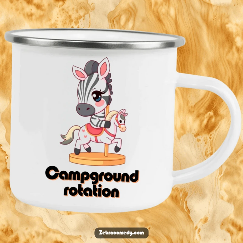 Funny Camping Mug featuring a zebra character with a mischievous wink, riding a miniature carousel horse, adding whimsical charm outdoors.