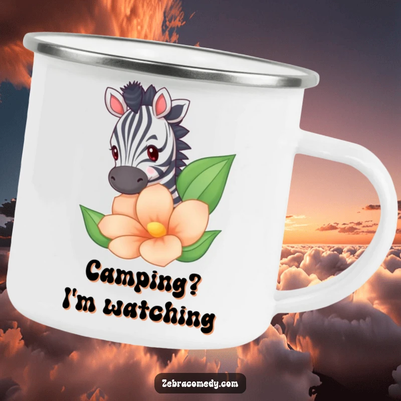 Funny zebra peeking from behind a giant flower on a camping mug, perfect for humorous outdoor sipping.