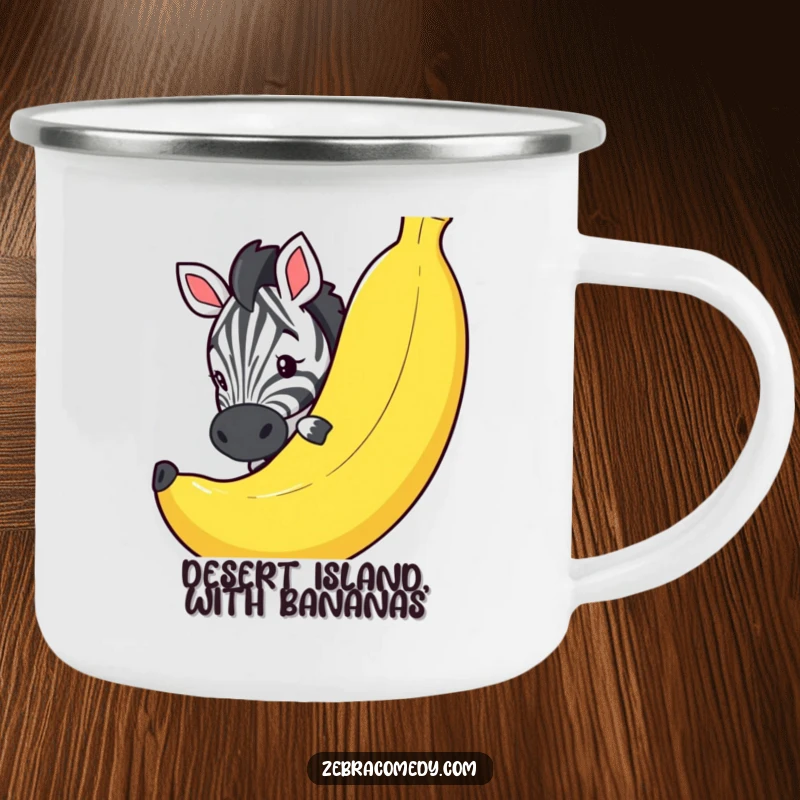Funny camping mug showing a playful zebra peeking around a comically large banana, built for outdoor adventures and laughter.
