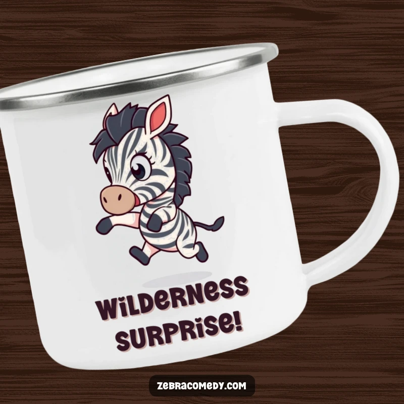 Funny Camping Mug: A zebra character leaps backward in playful shock with wide eyes, bringing humorous surprise to your outdoor drinkware.