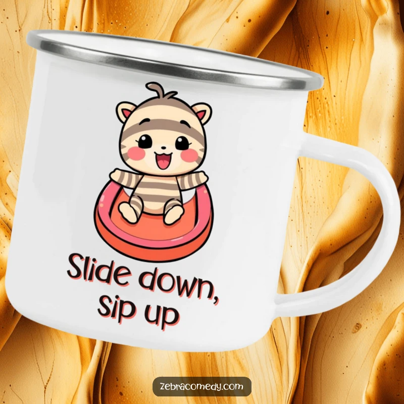 Funny camping mug showing a striped character sliding down a rainbow, perfect for outdoor brews and adding humor to any adventure.