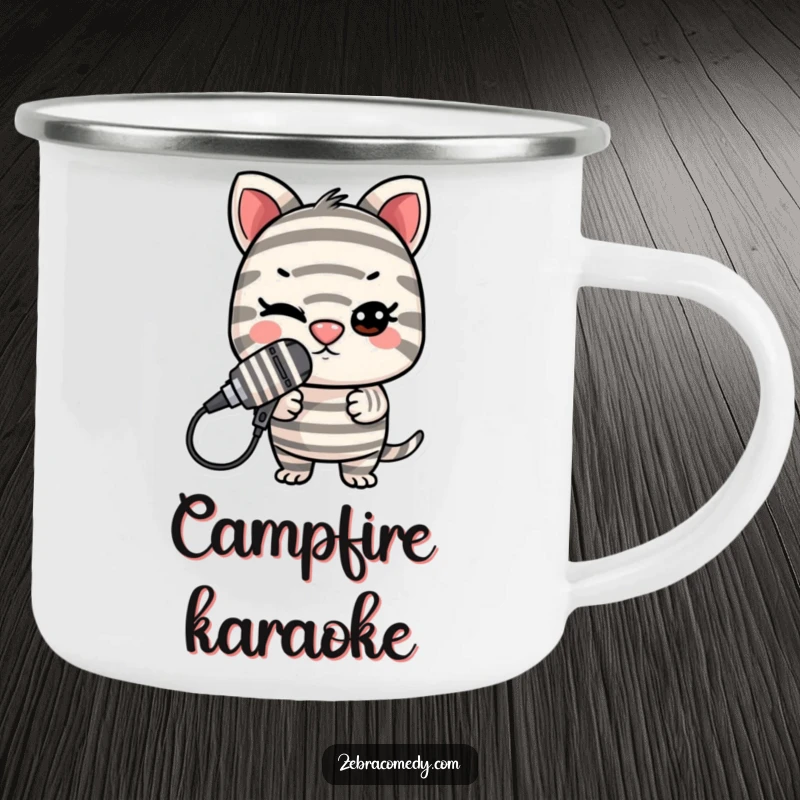 Funny Striped Microphone Camping Mug: A mischievous striped character balances a microphone on its nose, winking outdoors.