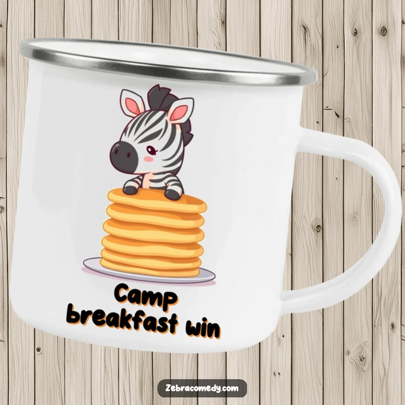 Funny tiny zebra enamel camping mug featuring a small zebra balancing a precarious stack of pancakes, ideal for outdoor breakfast lovers.
