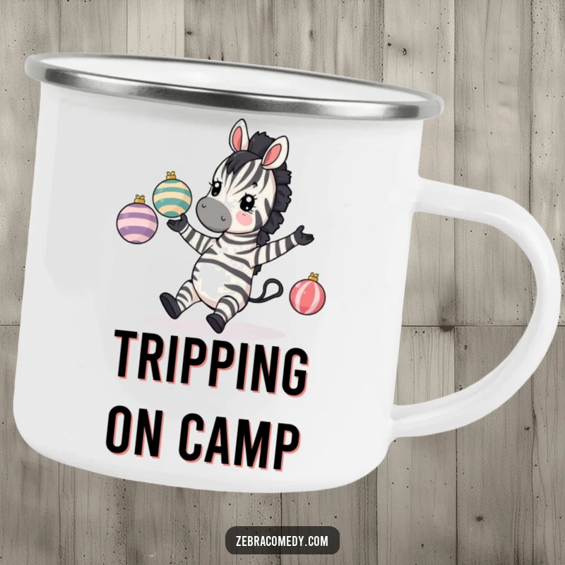 Funny Zebra Camping Mug: A zebra comically tripping while juggling baubles, ready for outdoor fun and humor.