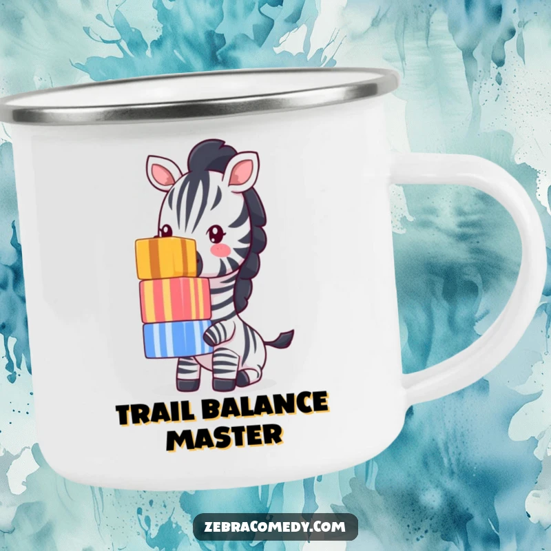 Funny Zebra Camping Mug: A skilled zebra artistically balances a tall stack of colorful striped cubes on its nose, ready for any adventure.