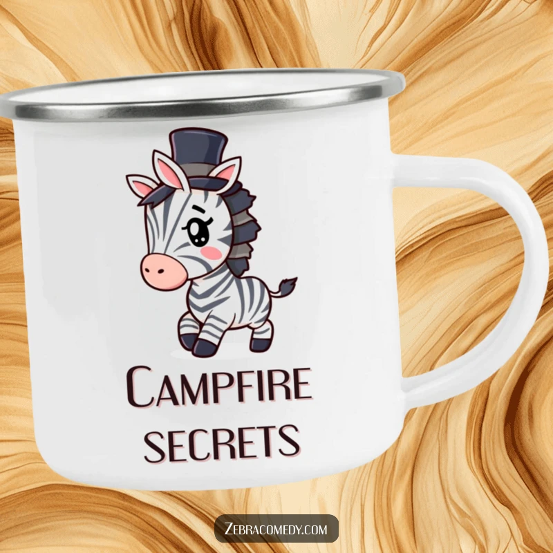 Funny Zebra Camping Mug: A sturdy mug featuring a zebra in a top hat, tiptoeing with a mischievous wink, for outdoor fun.