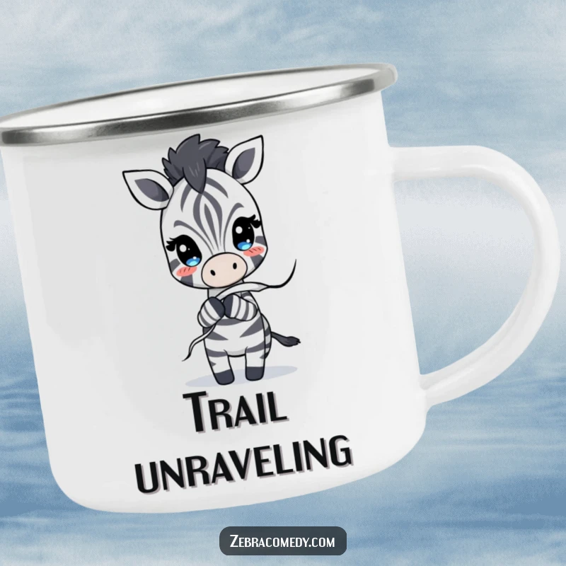 Funny Camping Mug featuring a zebra character playfully tugging on an unraveling stripe, adding humorous charm to outdoor drinks.