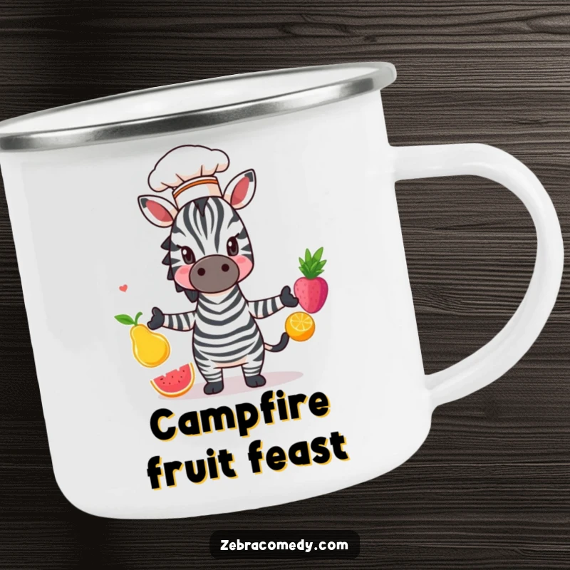 Funny Zebra Camping Mug: A zebra chef juggling colorful fruit, perfect for outdoor cooking adventures and a dose of humor.