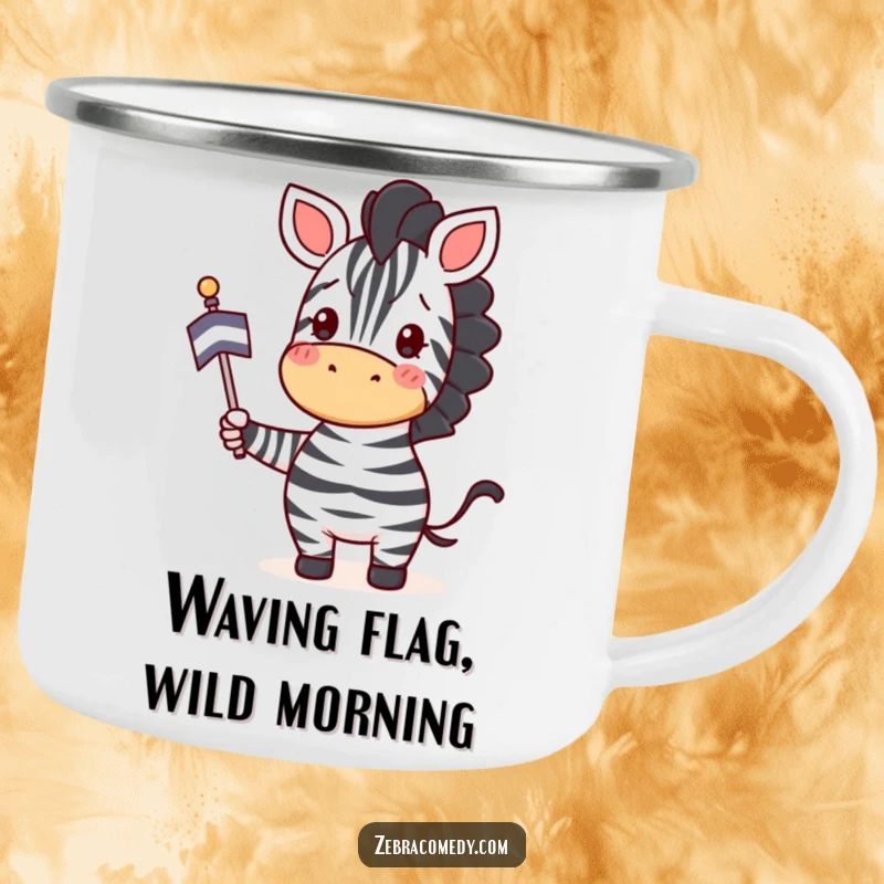 Funny Zebra Camping Mug: A happy zebra waves a striped flag with enthusiastic joy, bringing cheer to your adventures.
