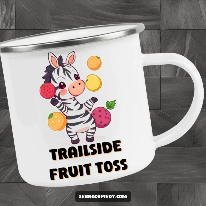 Funny zebra character juggling fruits outdoors, a durable and amusing camping mug for all your adventures.