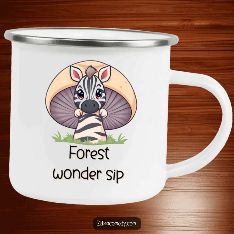 Funny zebra peeking with wide eyes over a giant striped mushroom, a rugged and amusing camping mug for adventures.