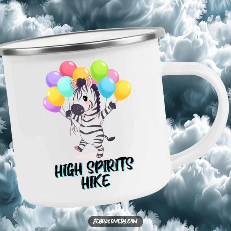 Funny Camping Mug featuring a happy zebra character dancing with colorful balloons, adding joy to outdoor drinks and campfire stories.