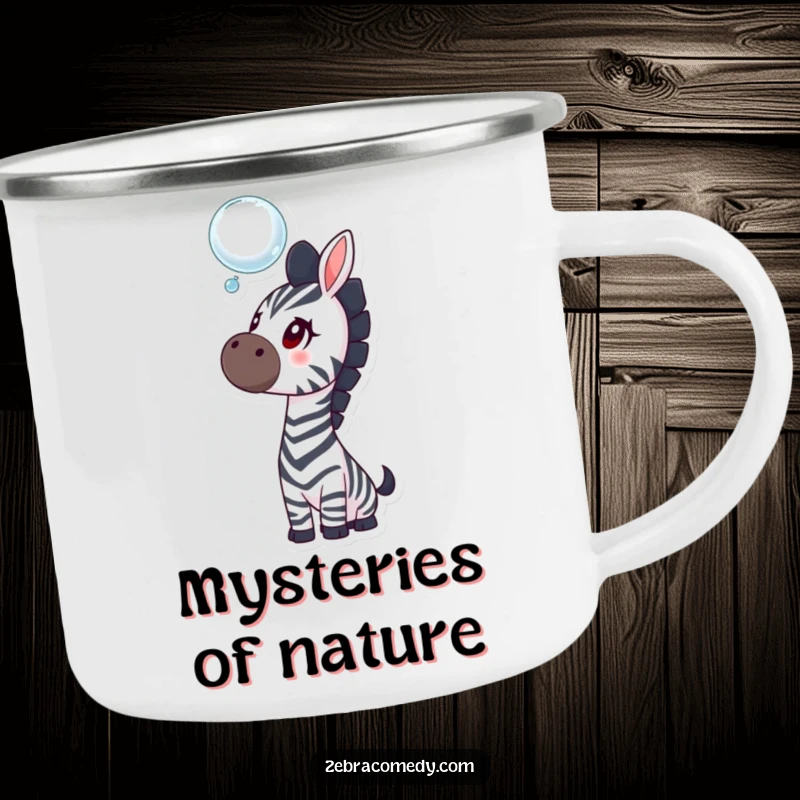 Funny zebra enamel camping mug featuring a curious zebra looking at a bubble, perfect for campers who appreciate whimsical design.