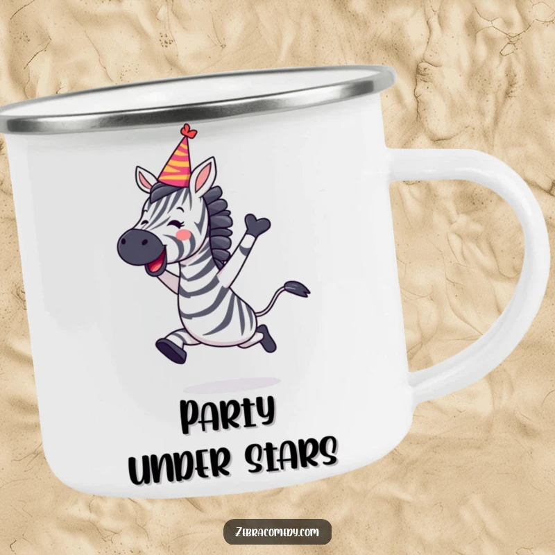 Funny Zebra Camping Mug featuring a zebra leaping with joy and wearing a party hat, for outdoor celebrations.