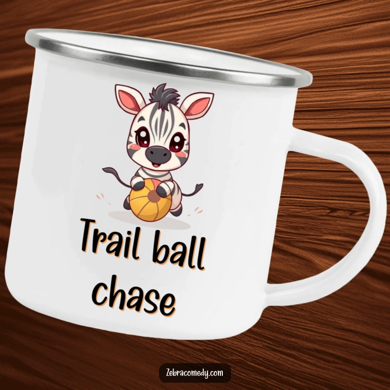 Funny zebra character with wide, excited eyes chasing a bouncy ball, perfect for a durable camping mug for outdoor fun.