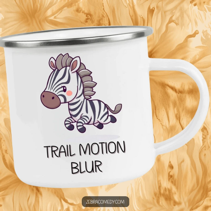 Funny Camping Mug: A zebra character energetically bounces with blurred stripes, bringing humorous motion to your outdoor drinkware.
