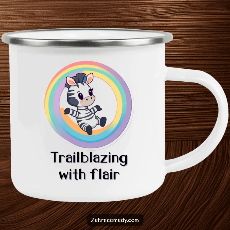 Funny Zebra Camping Mug: A cartoon zebra sliding down a rainbow, ready for adventure, perfect gift.