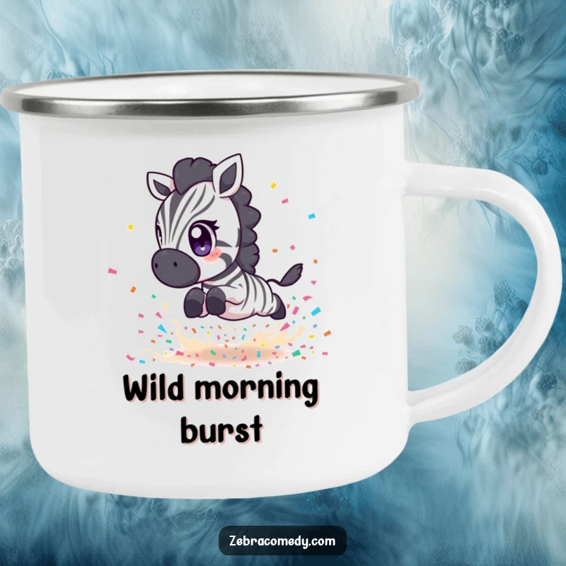 Funny Zebra Camping Mug: A zebra leaping over confetti, ready for adventure, perfect gift.